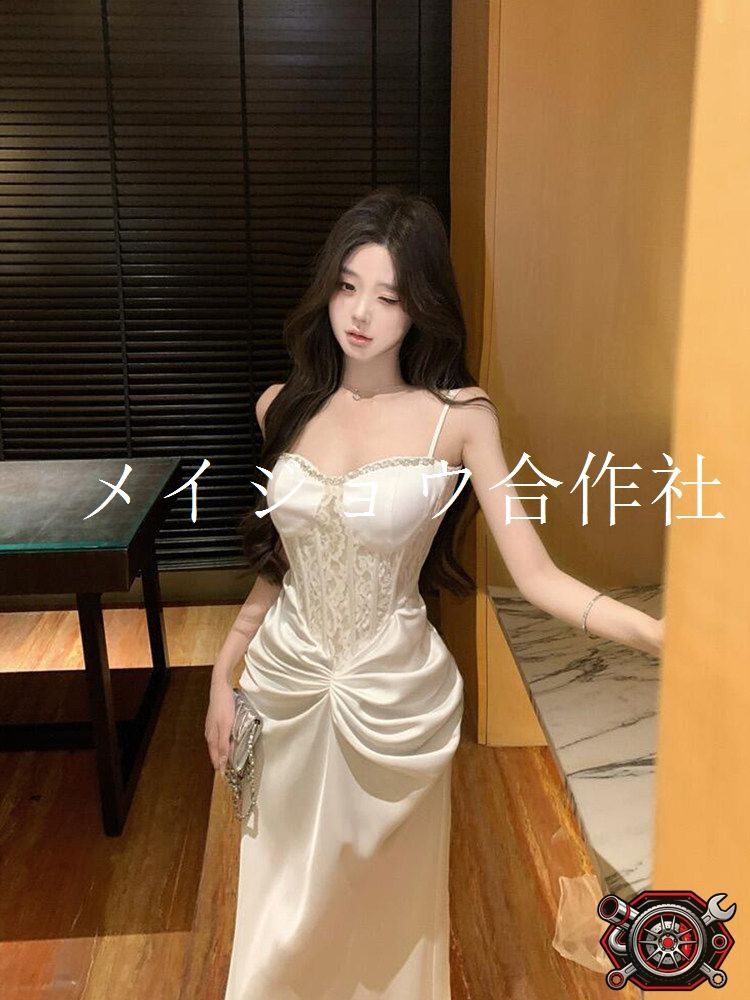 パーティードレス ロングドレス マーメイド スパゲッティストラップ ムーンライトホワイト 成人式 結婚式 二次会 披露宴 ゲスト ウエストマーク タイトシルエット 上品 華やか エレガント 高級感 おしゃれ