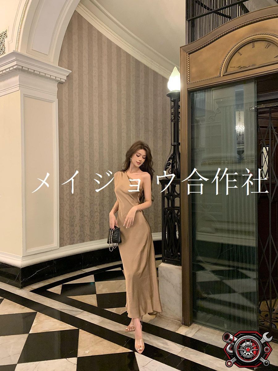 パーティードレス ロングドレス オフショルダー ワンショルダー サテン調 シャンパンゴールド 成人式 結婚式 二次会 披露宴 ゲスト ウエストマーク タイトシルエット 上品 華やか エレガント 高級感 おしゃれ