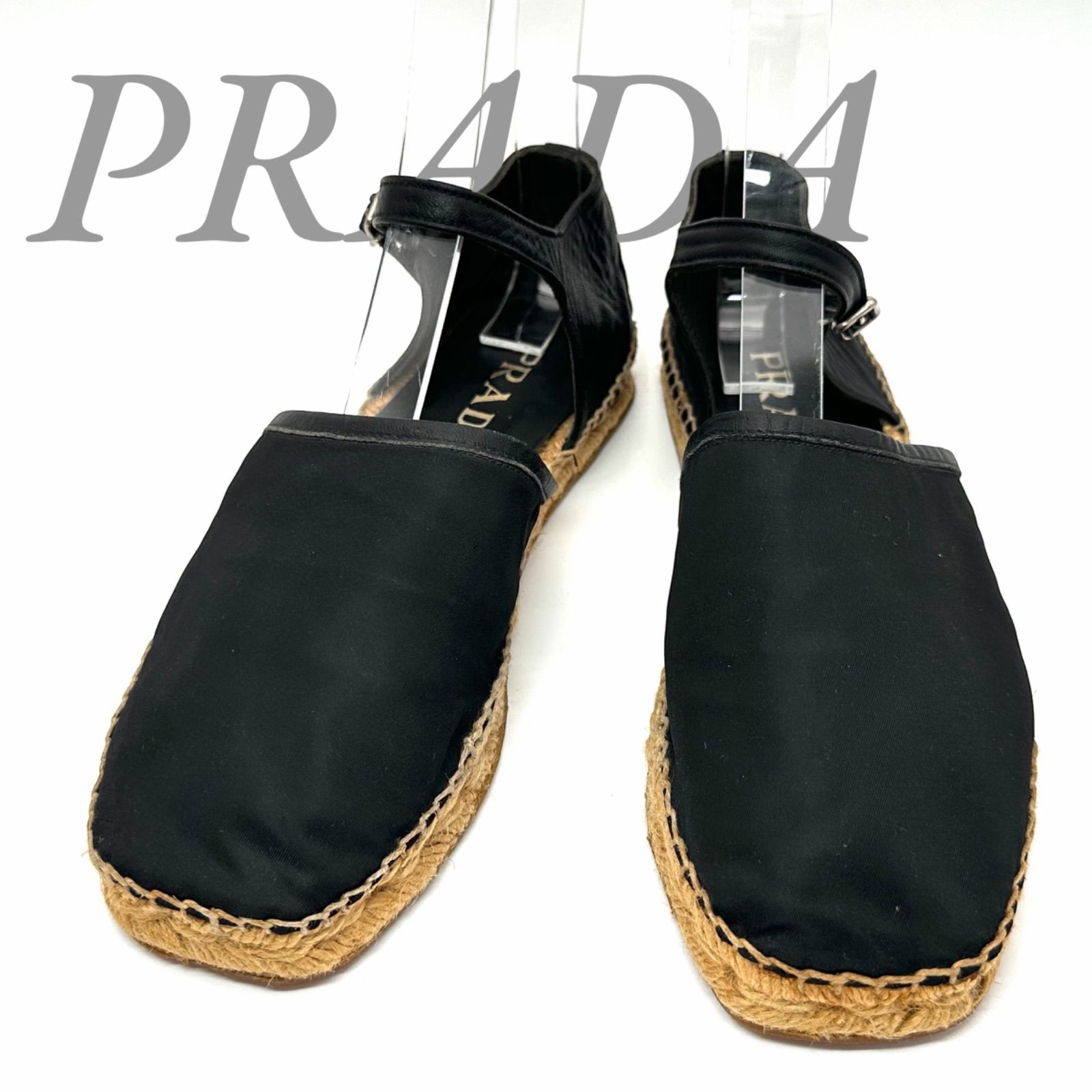 【B5962】 PRADA プラダ サンダル ナイロン ブラック エスパドリーユ ジュート アンクルストラップ フラット レディース