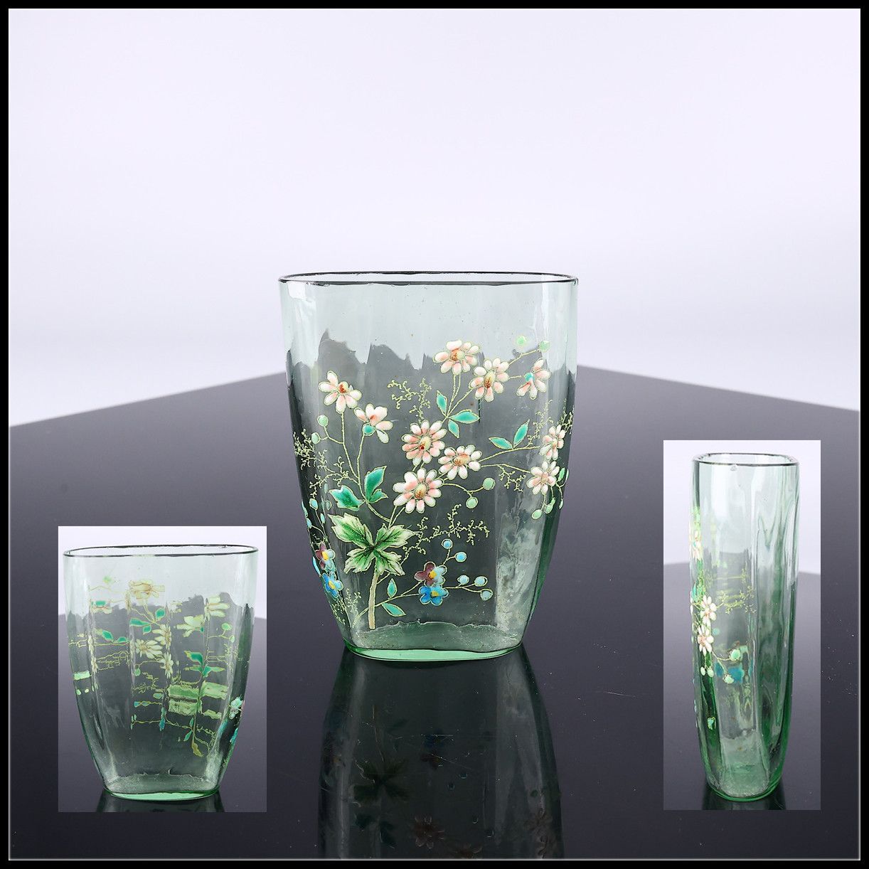 西洋アンティーク 工芸ガラス ドーム早期工房 緑色ガラス エナメル彩 草花文 花瓶 高10cm／美品Sr!PE398