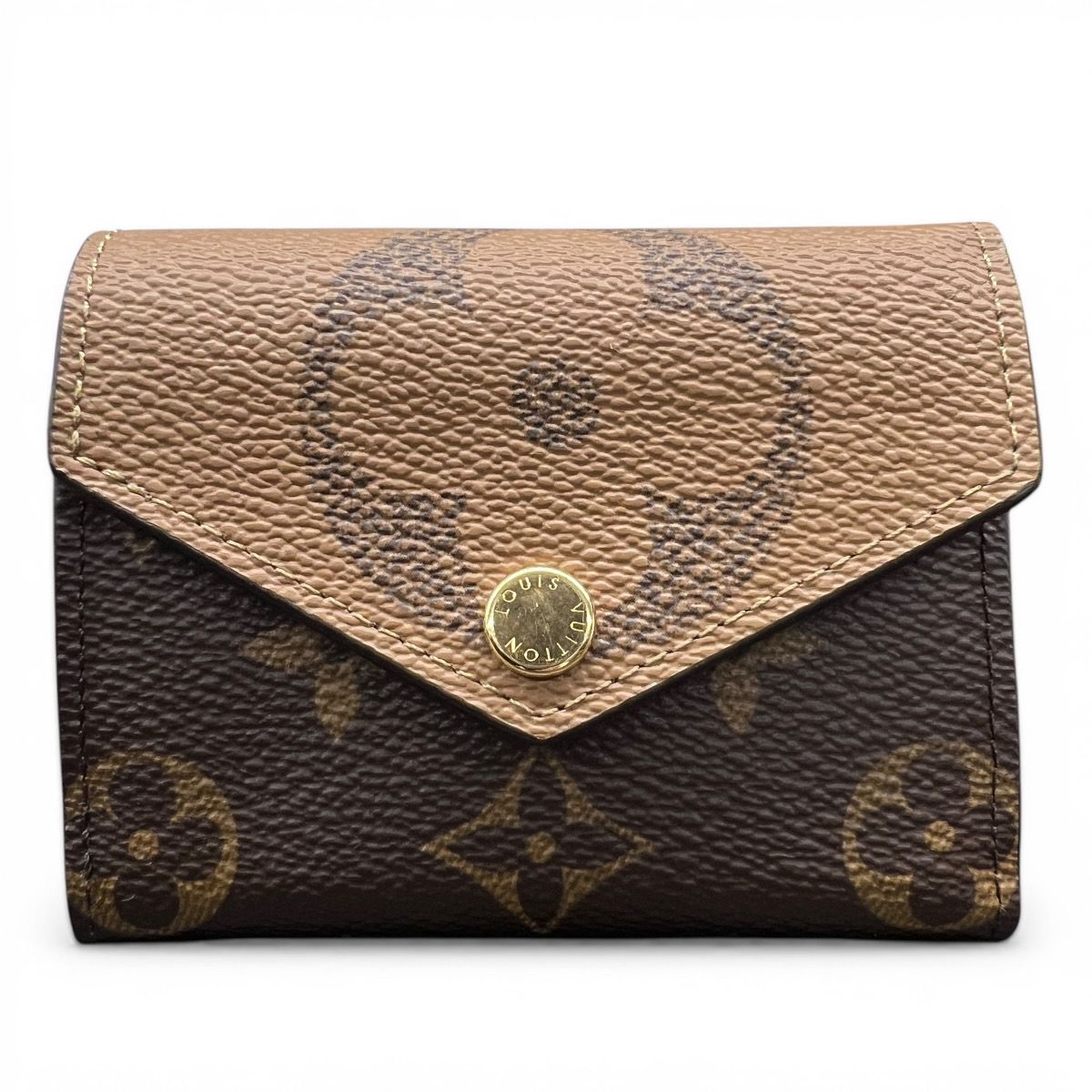LOUIS VUITTON 展示品級美品 ルイヴィトン ポルトフォイユ ゾエ モノグラムジャイアント リバース 三つ折り財布 M80725 PVC レザー RFID確認済 ブラウン ミニ財布 LV ヴィトン SAランク 中古 鑑定済 ヴィトン財布 43,680円