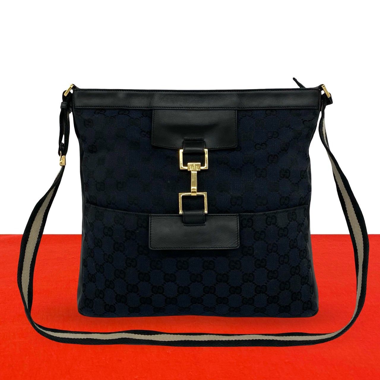 極 美品 希少品 GUCCI グッチ GG ロゴ 柄 金具 キャンバス レザー 本革 