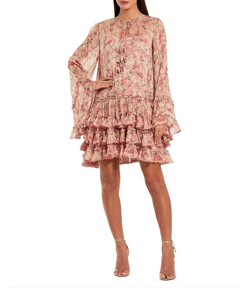 マックダガル レディース トップス ワンピース フリル ミニ Mac Duggal Long Flare Sleeve Ruffle Mini With Novelty Trim Pink Multi