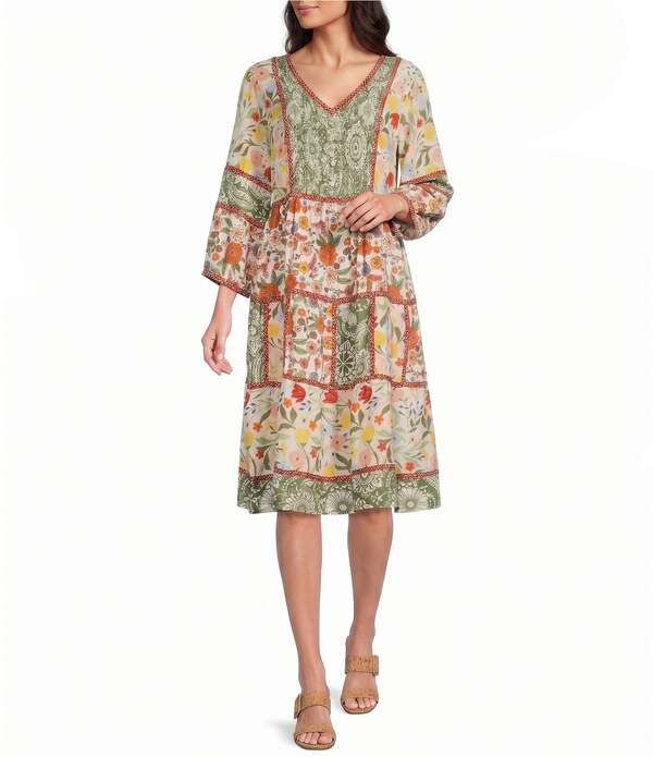 ジョン マーク レディース トップス ワンピース Vネック フラワー柄 フラワー John Mark Mixed Floral VNeck 34 Sleeve Shift Dress Floral M