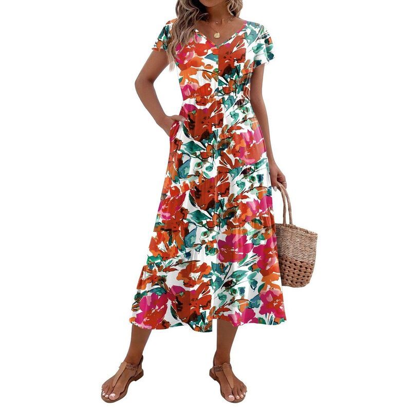 ジーグー レディース トップス ワンピース Vネック ティアード ボタンダウン ミディ ダウン Zeagoo Midi Dresses for Women Casual Short Sleeve Lo