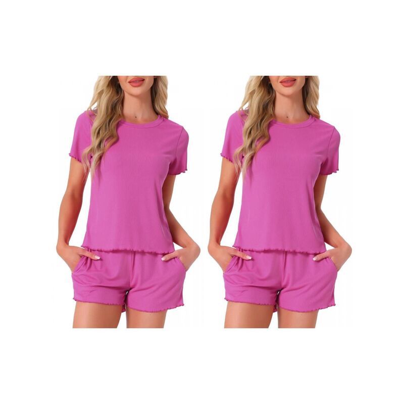 インスパイア シック レディース アンダーウェア ナイトウェア クルーネック フリル ショートパンツ INSPIRE CHIC 2 Sets Womens Pajama Set Soft Short