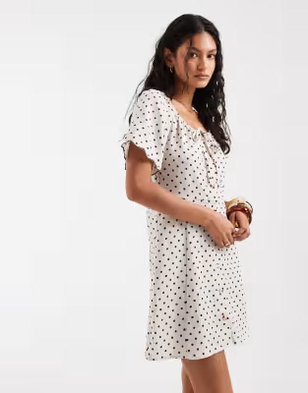 オンリー レディース トップス ワンピース ドット ミニ ONLY short sleeve mini dress polka dots PUMICE STONE ストーン