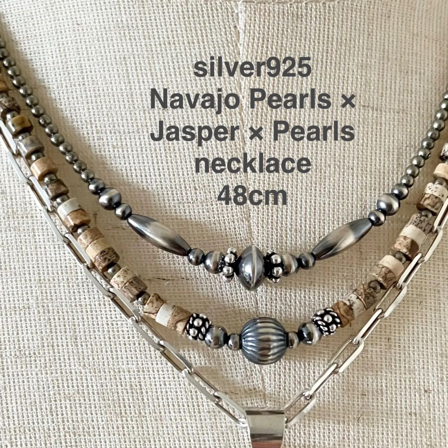 silver925ナバホパール×4mmジャスパー ×パイライトのネックレス 最大8mm tjM__jm//f