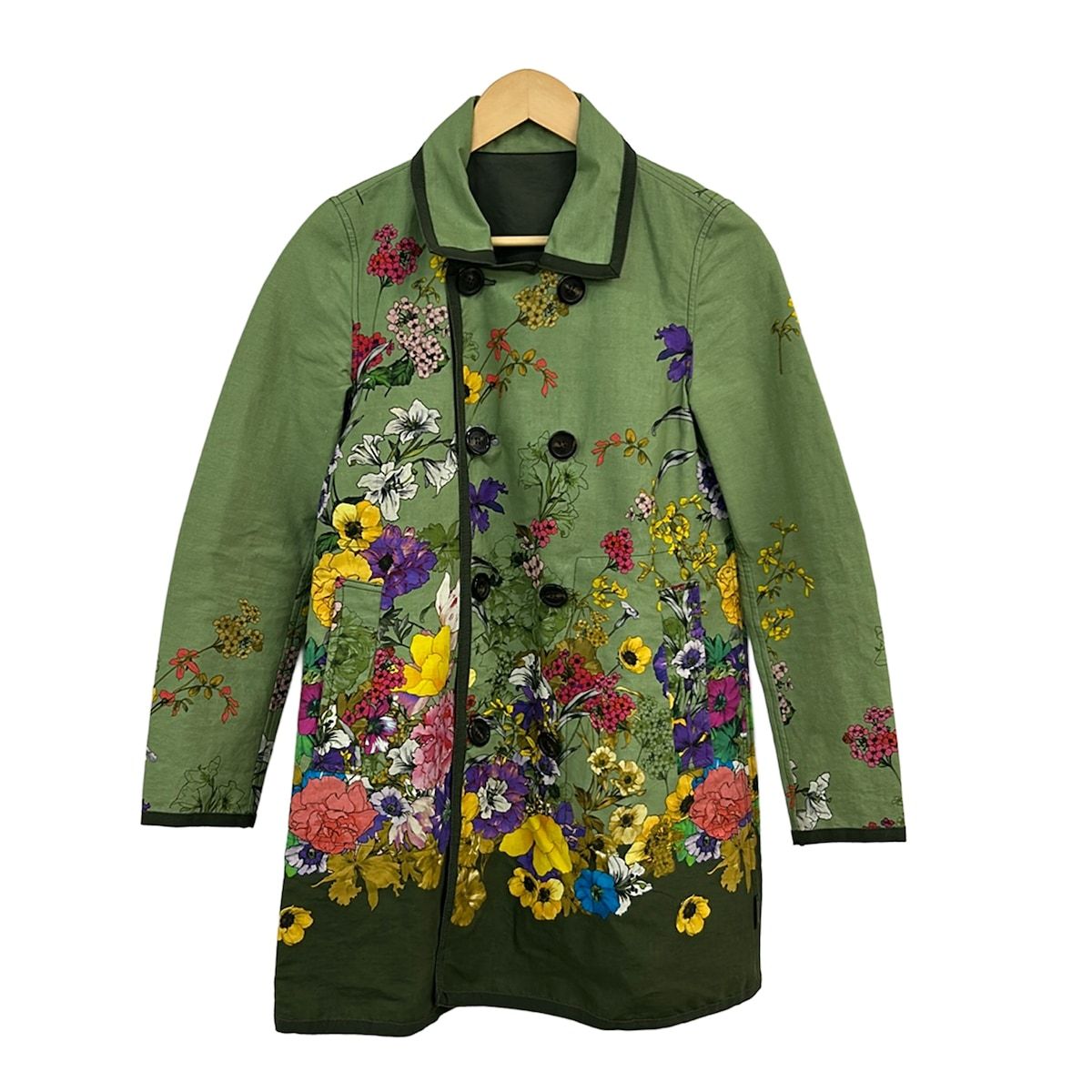 MONCLER(モンクレール) コート サイズ1 S レディース COQUILLE カーキ×ダークグリーン×マルチ 長袖/花柄/リバーシブル/春/秋