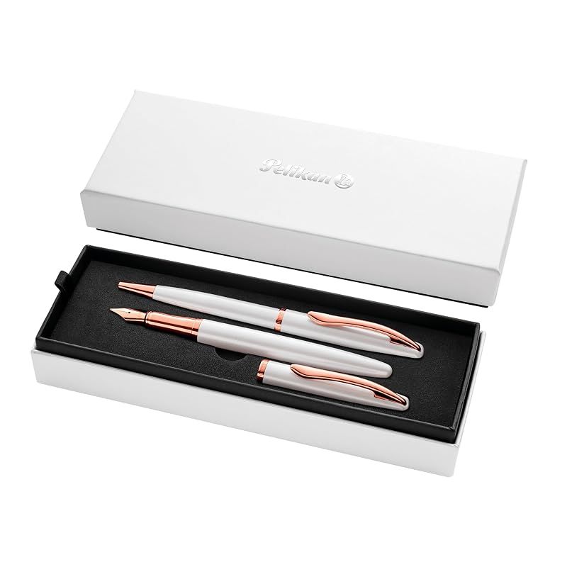 【新品】 Pelikan ジャズノーブルセット 万年筆とボールペンパール(ホワイト)、エレガントなカートリッジ万年筆 (ペン先M) 金属製 折りたたみボックス入り