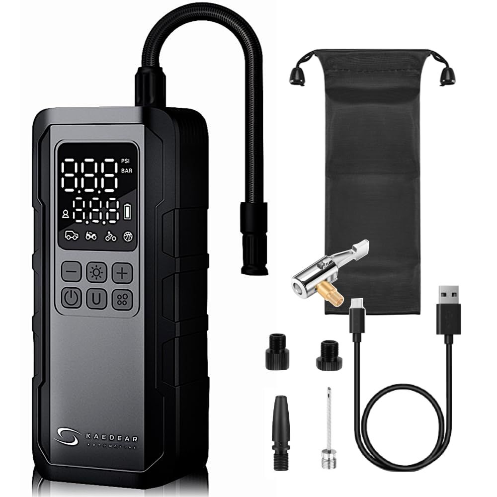KaedearAutomotive (Kaedia) 자동차, 오토바이, 자전거, 공기압 조절 컴프레서, 타이어 유지 관리 기능, LED 조명, 자동차 모바일 컴프레서, 아메리칸 퀵 밸브 포함, KAM cade7738