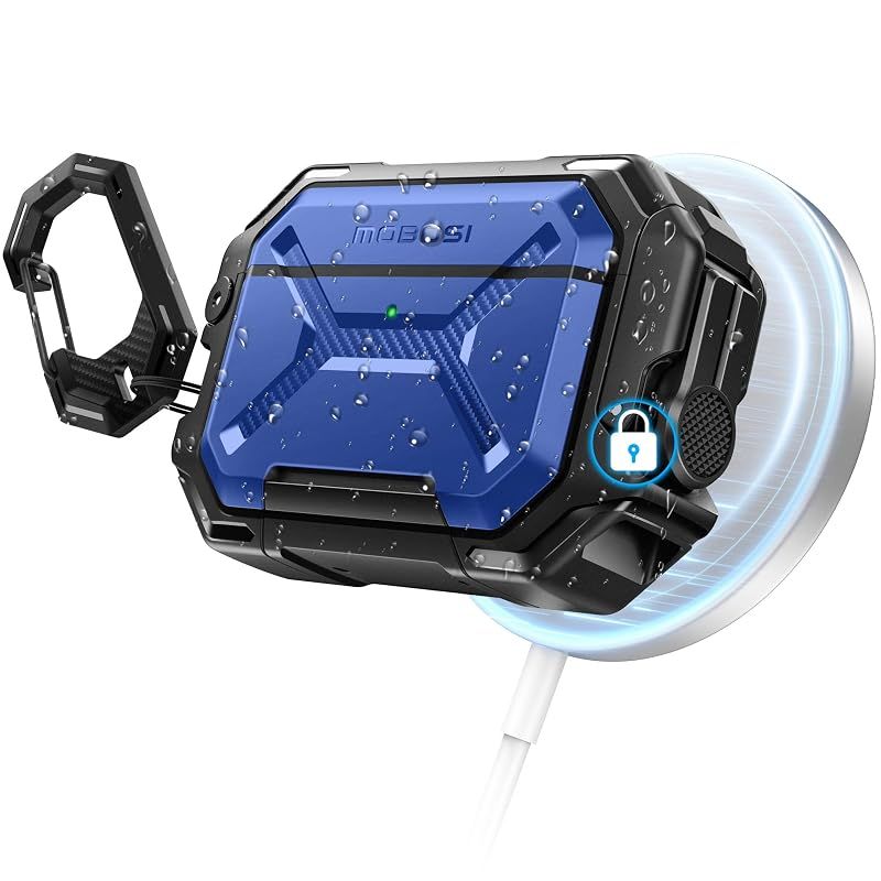 【新品】 MOBOSI for AirPods Pro 3 ケース [IP68防水] [MagSafe対応]、ロック＆キーチェーン＆スタンド付きAirPod Pro第3世代ケース対応、軍用規格耐落下ハードシェル(2025)、ブルー 0