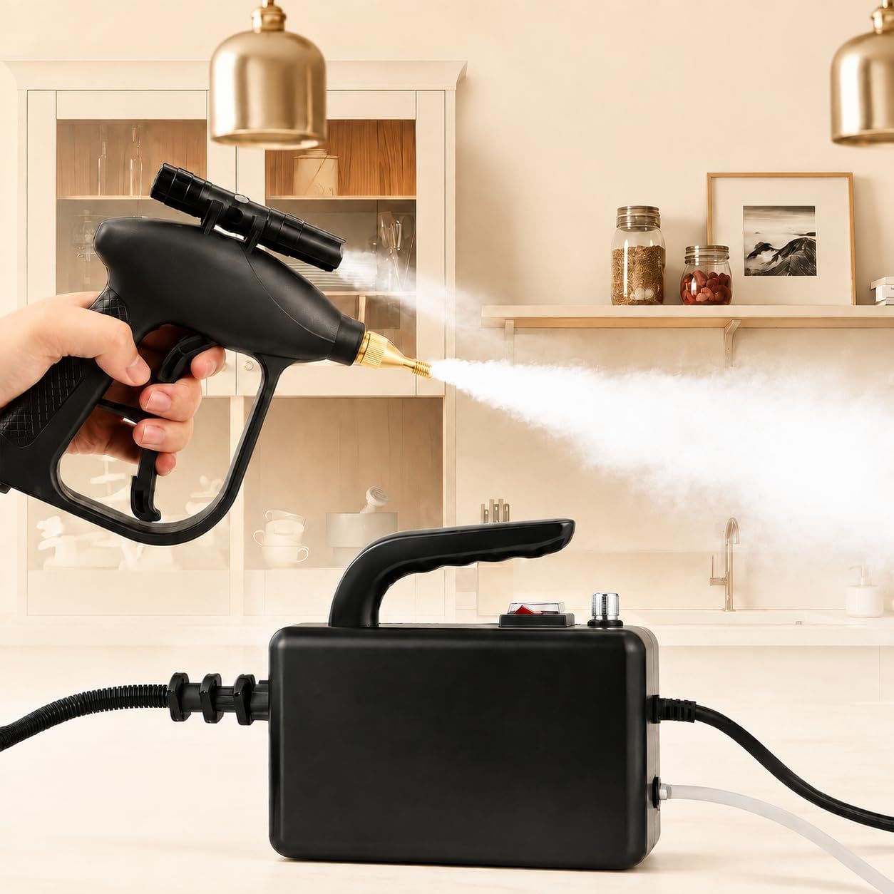 スチームクリーナー 高温蒸気洗浄機 1600W タンクレス 外部給水式 2bar蒸気 100～115℃ 高温スチーム 乾湿調整 蒸気量調整 軽量コンパクト 延長ノズル ブラシ 延長ロッド付き 懐中電灯付き お風呂 窓 車内 水まわり掃除 日本 70015b09