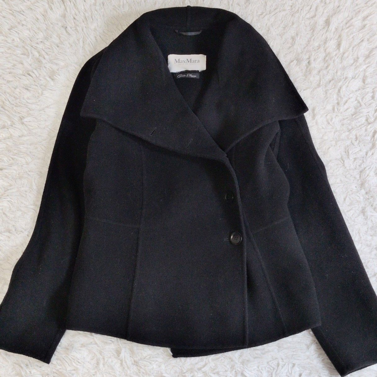 美品✨ MaxMara マックスマーラ ウールアンゴラ 女優襟ショートコート クチートアマーノ Cucito A Mano ビッグカラー 大きいサイズ 44 黒 ボタンレス ブラック 羽織り　ブラック