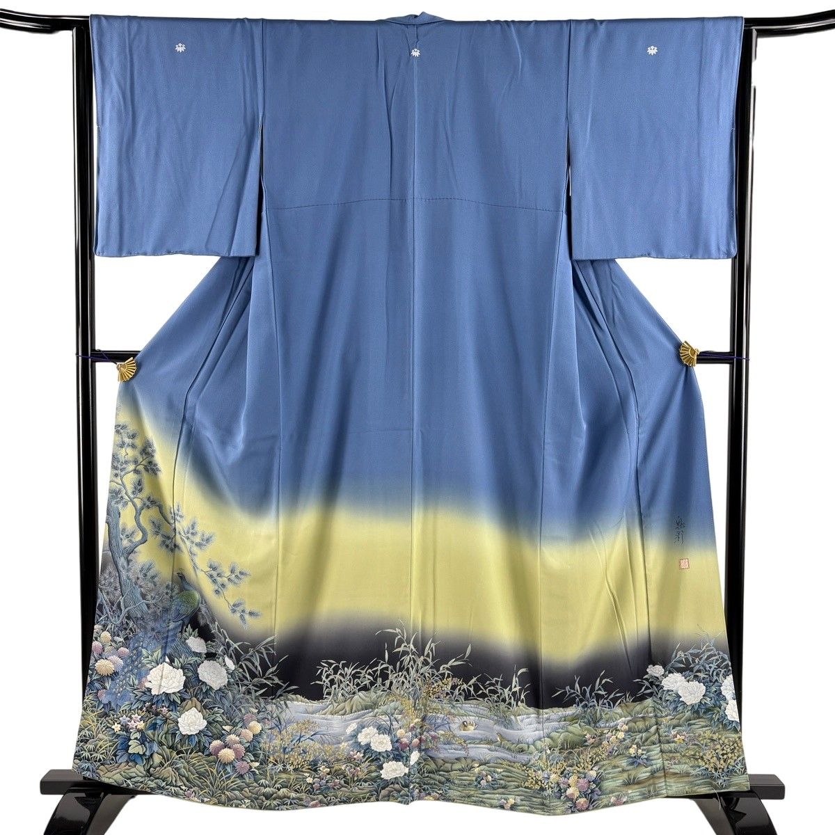 色留袖 身丈160cm 裄丈64.5cm M 袷 田家鬼彩 落款 孔雀 牡丹 染分け ぼかし 青 正絹 名品 三つ紋 【中古】