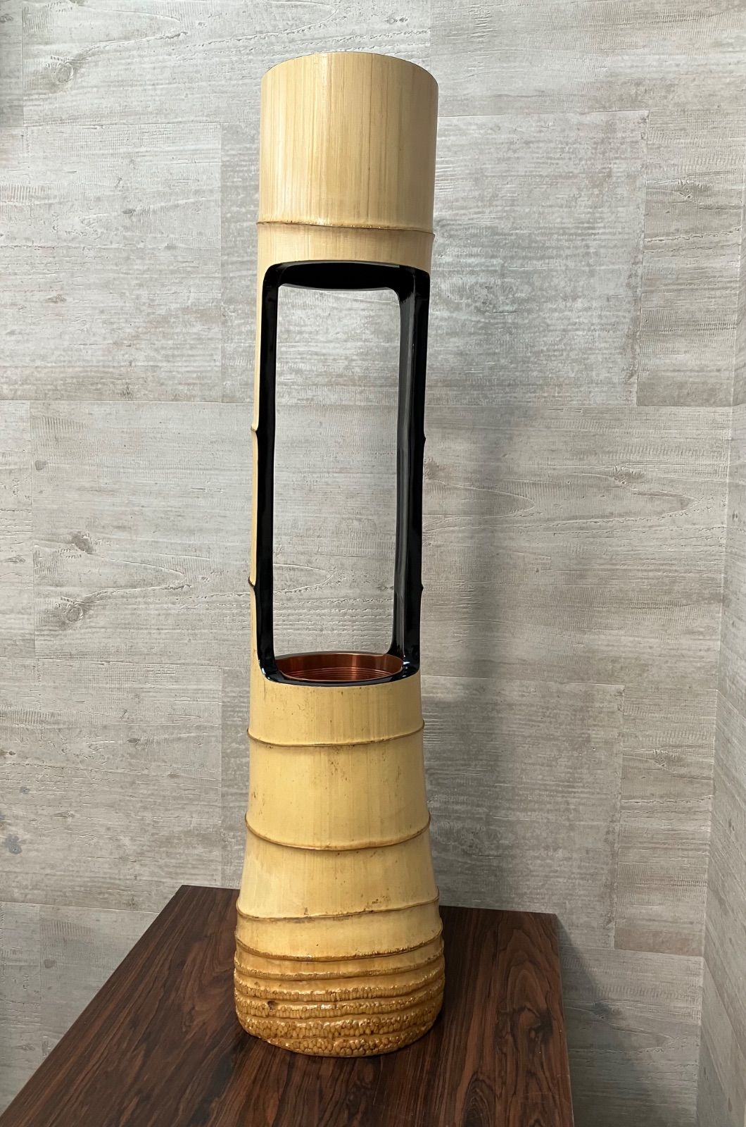 【茶道具/生け花】 竹製 二重切花器 （落とし銅筒付き）根つき フォロー割対象商品】美品！竹製 二重切花器 根付き 銅落とし（落とし