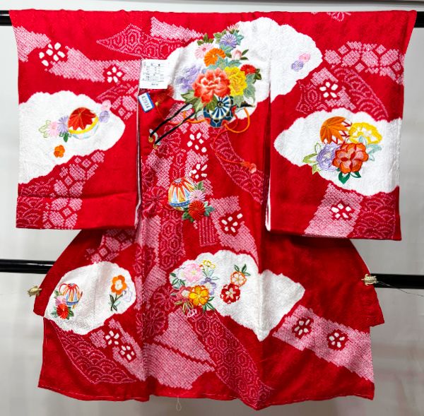 お宮参り産着 正絹 のしめ 女児 着物 高級 絞り 総刺繍 綸子地 赤色 花車 女の子 祝着 一つ身 掛け着 初着 NO43934 28,587円