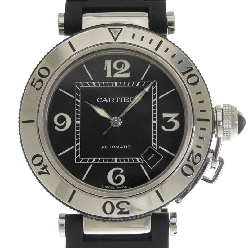 カルティエ CARTIER パシャ シータイマー メンズ 自動巻き 腕時計 SS/ラバー ブラック文字盤 W31077U2 中古 新入荷 CA0495
