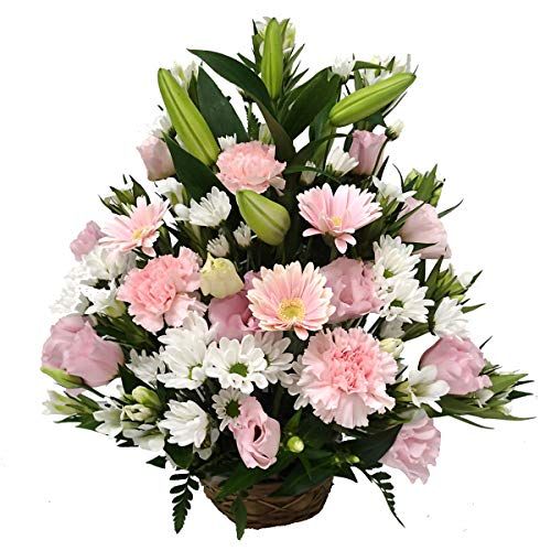 お供え お悔み 法要 四十九日 生花 フラワーアレンジメント L サイズ ユリ 入り 高さ45cm (白＋ピンク系)