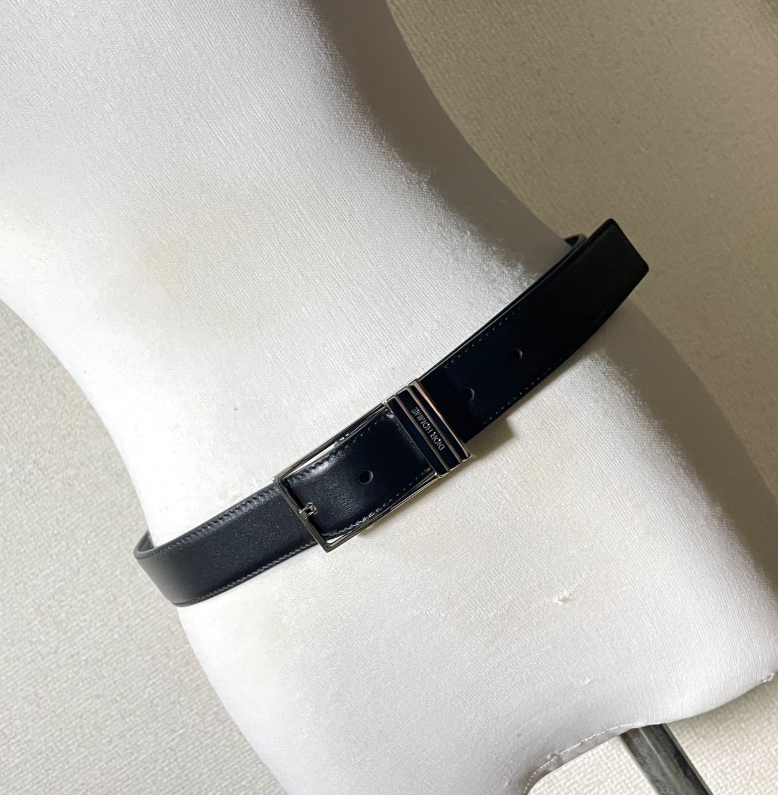 미사용 슈퍼 레어 DIOR HOMME 옴므 브랜드 로고 스퀘어 버클 가죽 벨트 블랙 & 실버 사이즈 85 남성