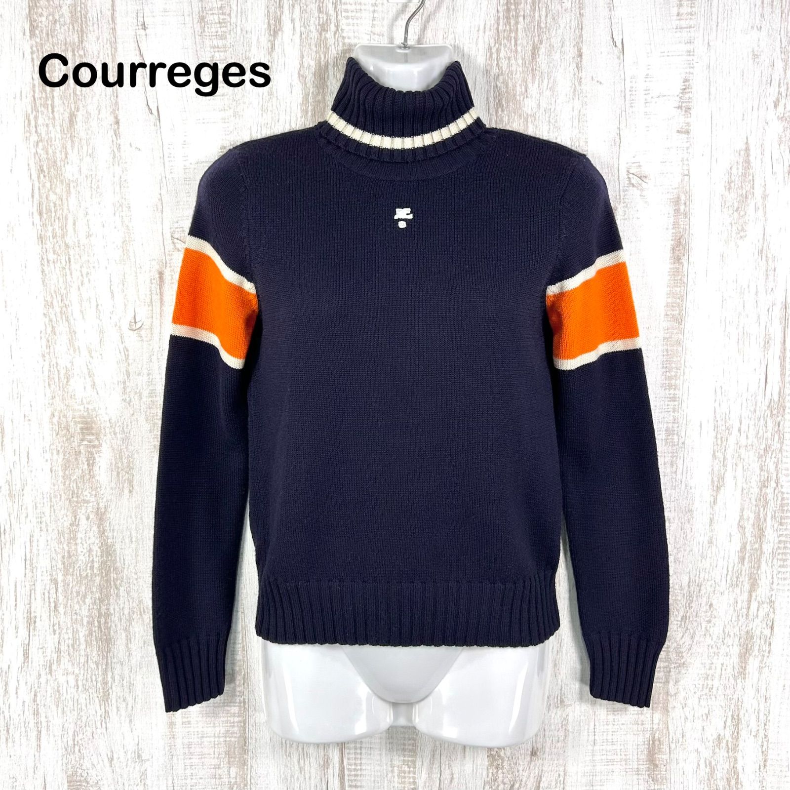 Courreges クレージュ ACロゴ刺繡 タートルネック ウールニットセーター ネイビー