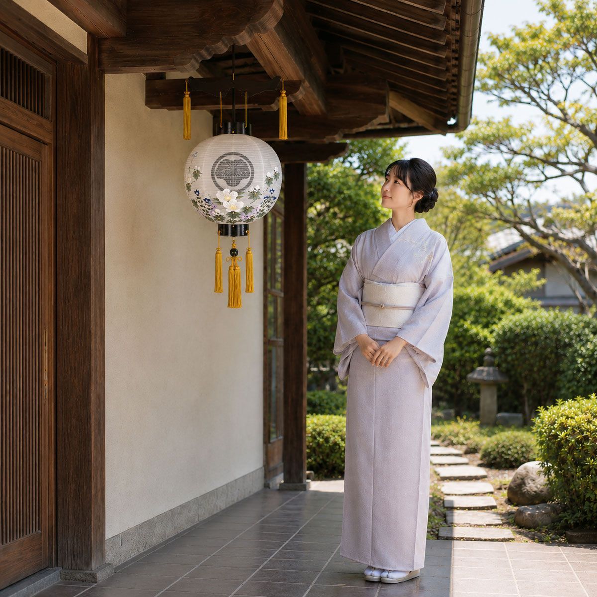 盆提灯 led 家紋入り 提灯 お迎え提灯 (木製 黒檀 絹張り 二重 御殿丸 11号 重絵 芙蓉 G114-125) お盆 提灯 新盆 盆ちょうちん 御所提灯 お迎え 門提灯 吊り led コードレス 尺一丸 ledライト 家紋提灯 家紋