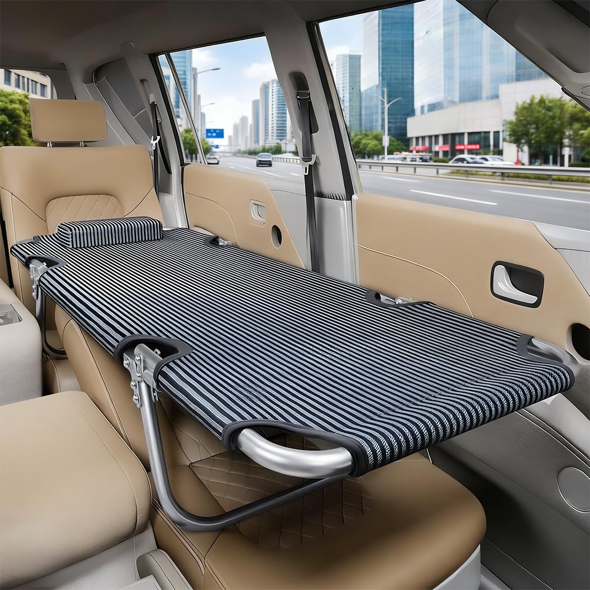 車中泊 ベッド 折りたたみコット 耐荷重90kg 軽量 持ち運び便利 非エア式 枕付き SUV MPV一般乗用車対応 完成品 | 車中泊 ベッドキット 炭素鋼フレーム 四線交織ナノメッシュ 160×55.5×36cm 車用 頑丈 通気性 仮眠 組立不要 コas