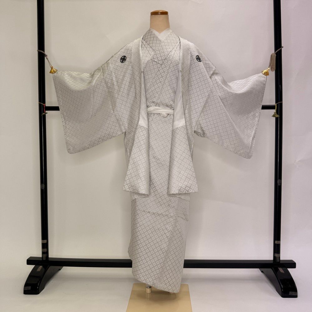 男紋付 男着物 紋付 ポリエステル 羽織 長着 裄66.3cm S size 白黒 五つ紋 中古 成人式 舞台衣装 6366