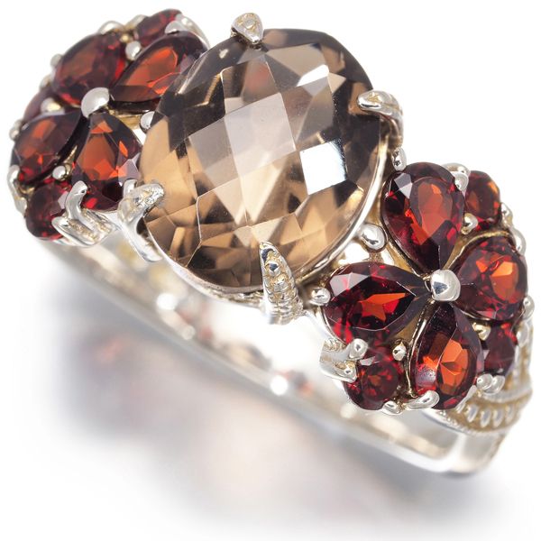Rokuzan Rokuzan Ring Smoky Quartz Garnet Flower Size 15 Silver 925 #197556