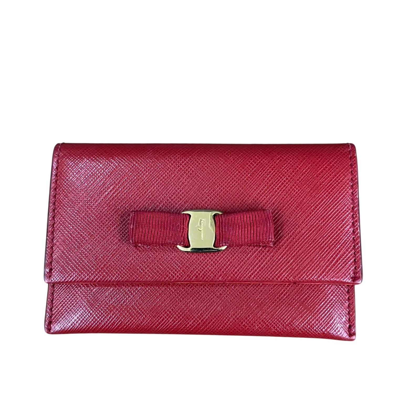 180053 現状品 Salvatore Ferragamo サルヴァトーレフェラガモ カードケース ヴァラ リボン レッド