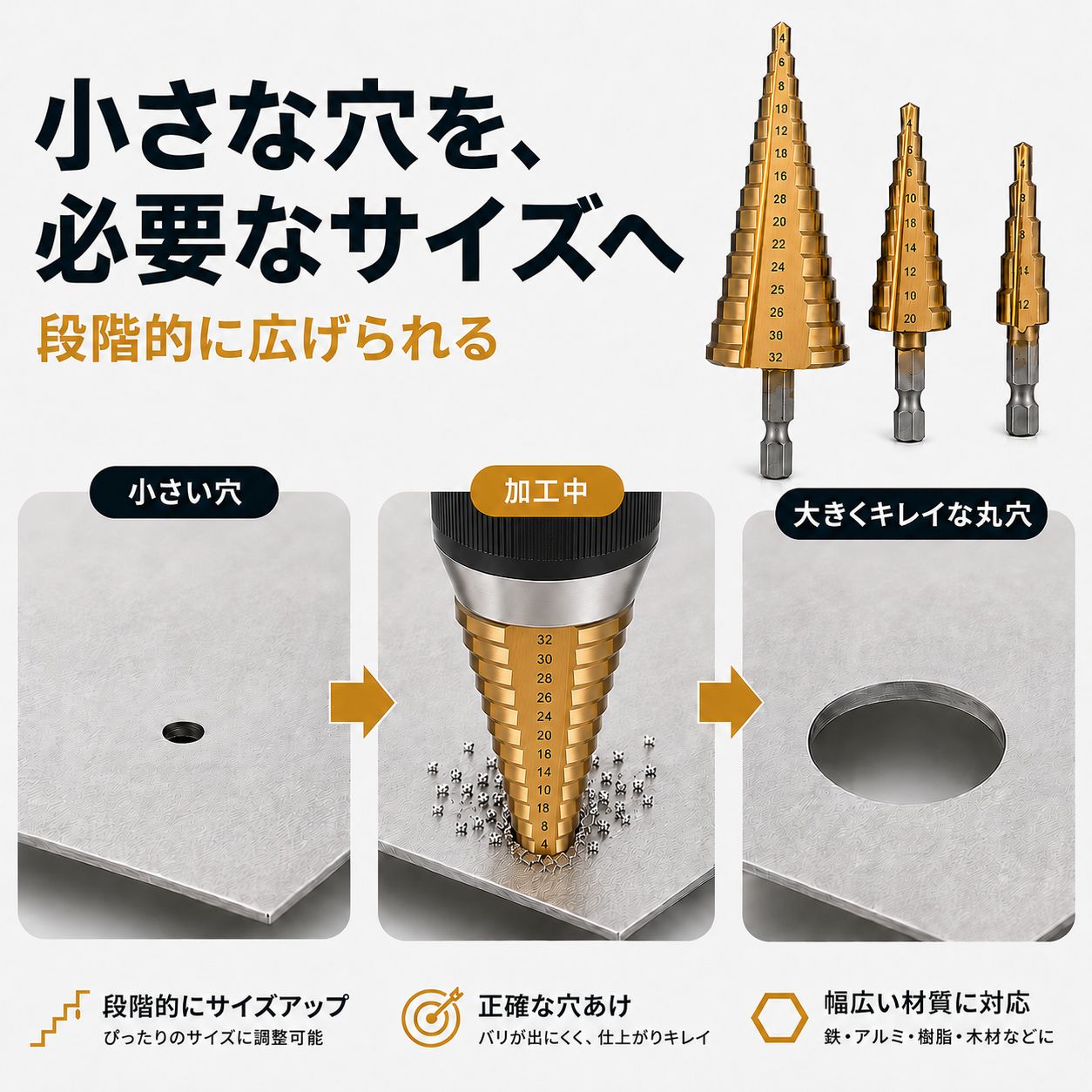 ステップドリル ドリルビット タケノコドリル ドリルビットセット ３本セット 六角 4-32mm インパクトドライバー対応 穴あけ thumbnail 3