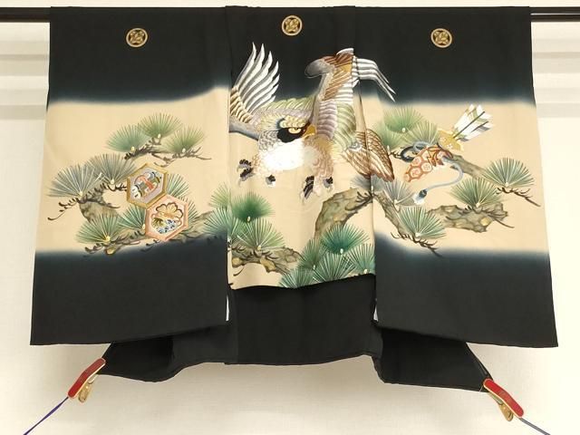 平和屋着物[]七五三　男の子　３歳　祝着　一つ身　刺繍　鷹　松　金糸　金彩　逸品　AABI2871ja