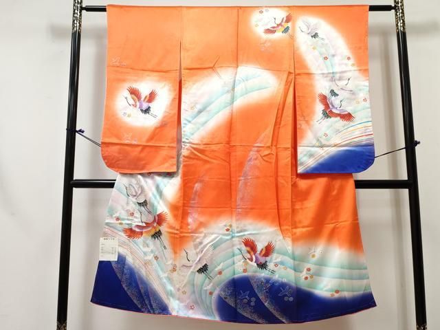 平和屋着物[]七五三　女の子　７歳　祝着　四つ身　飛鶴花文　暈し染め　金銀彩　未使用　DABE7348ma