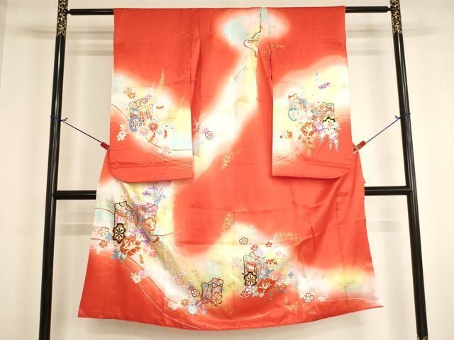 平和屋着物[]七五三　女の子　７歳　祝着　四つ身　駒刺繍　御所車花文　暈し染め　金彩　AABI2887ja