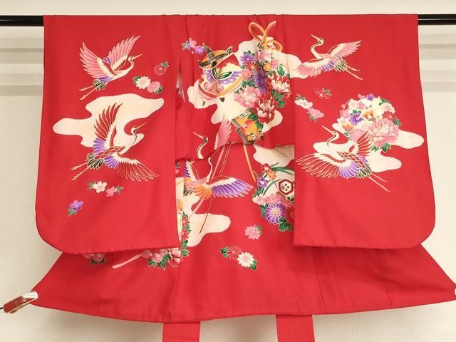 平和屋着物[]七五三　女の子　３歳　祝着　三つ身　糸巻き飛鶴花文　金彩　逸品　AABI2853ja