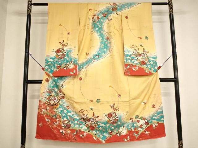 平和屋着物[]七五三　女の子　７歳　祝着　四つ身　駒刺繍　鈴　花蝶文　暈し染め　金彩　逸品　AABI2868ja