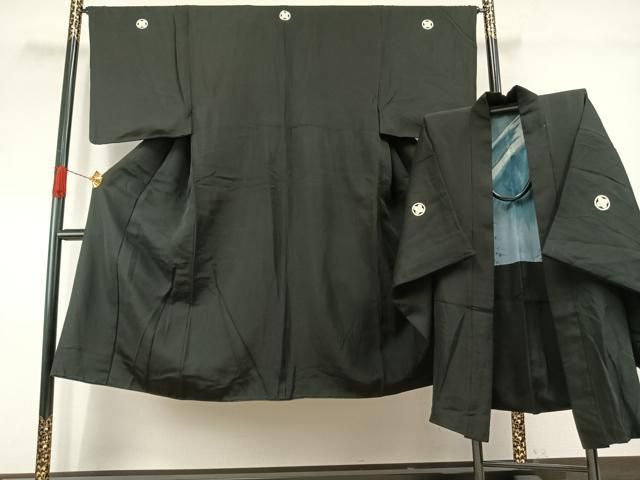 平和屋着物●男性　黒紋付　羽織セット　正絹　逸品　AABI2058fy