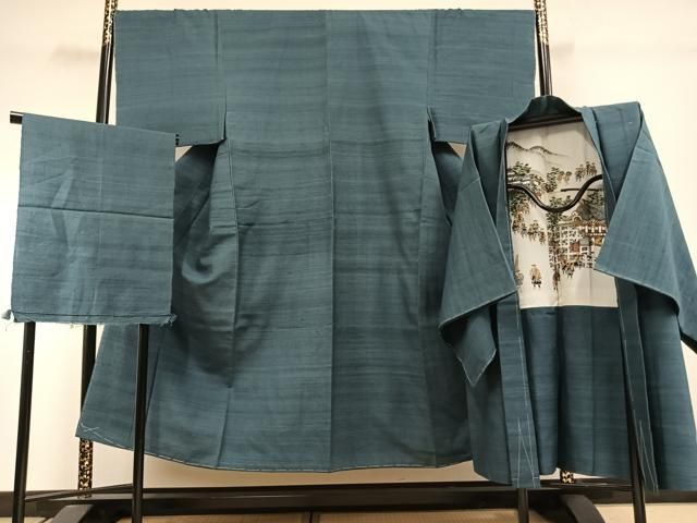 平和屋着物●男性　紬　アンサンブル　青碧色　反端付き　正絹　逸品　未使用　AABI2049fy 38,025円