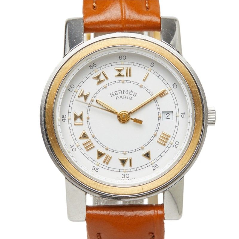 エルメス キャリック 腕時計 ホワイト ゴールド シルバー ブラウン ステンレススチール レザー レディース HERMES【1-0284568】