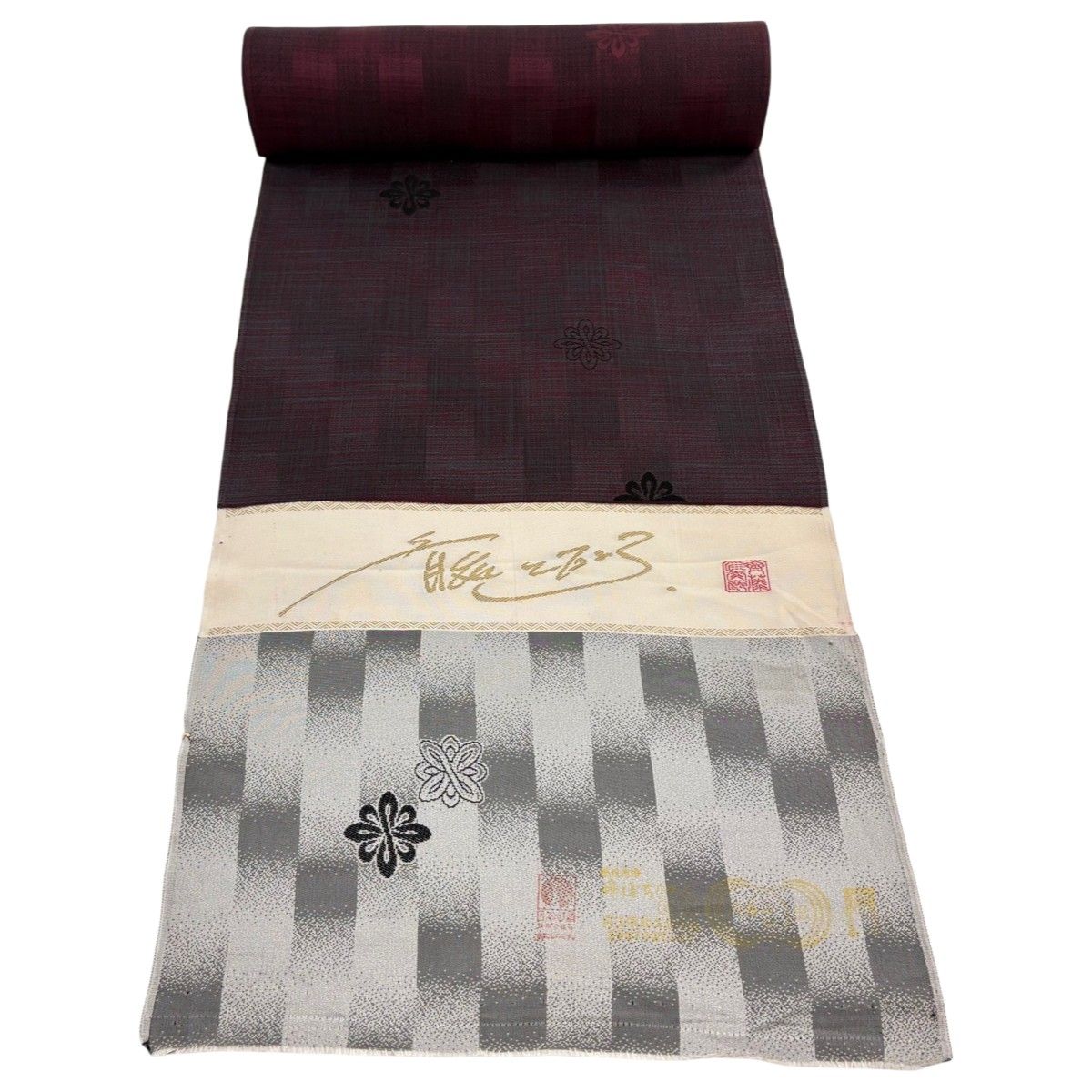 反物 逸品 小紋 落款 斉藤上太郎 華文 変わり市松 えんじ色 正絹 【中古】