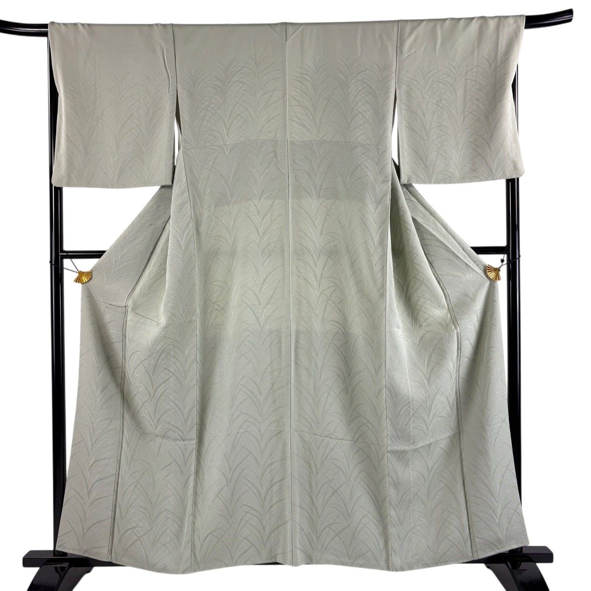 【美品】 色無地 身丈160cm 裄丈67.5cm L 袷 やまと 落款 地紋 灰緑 正絹 名品 【中古】