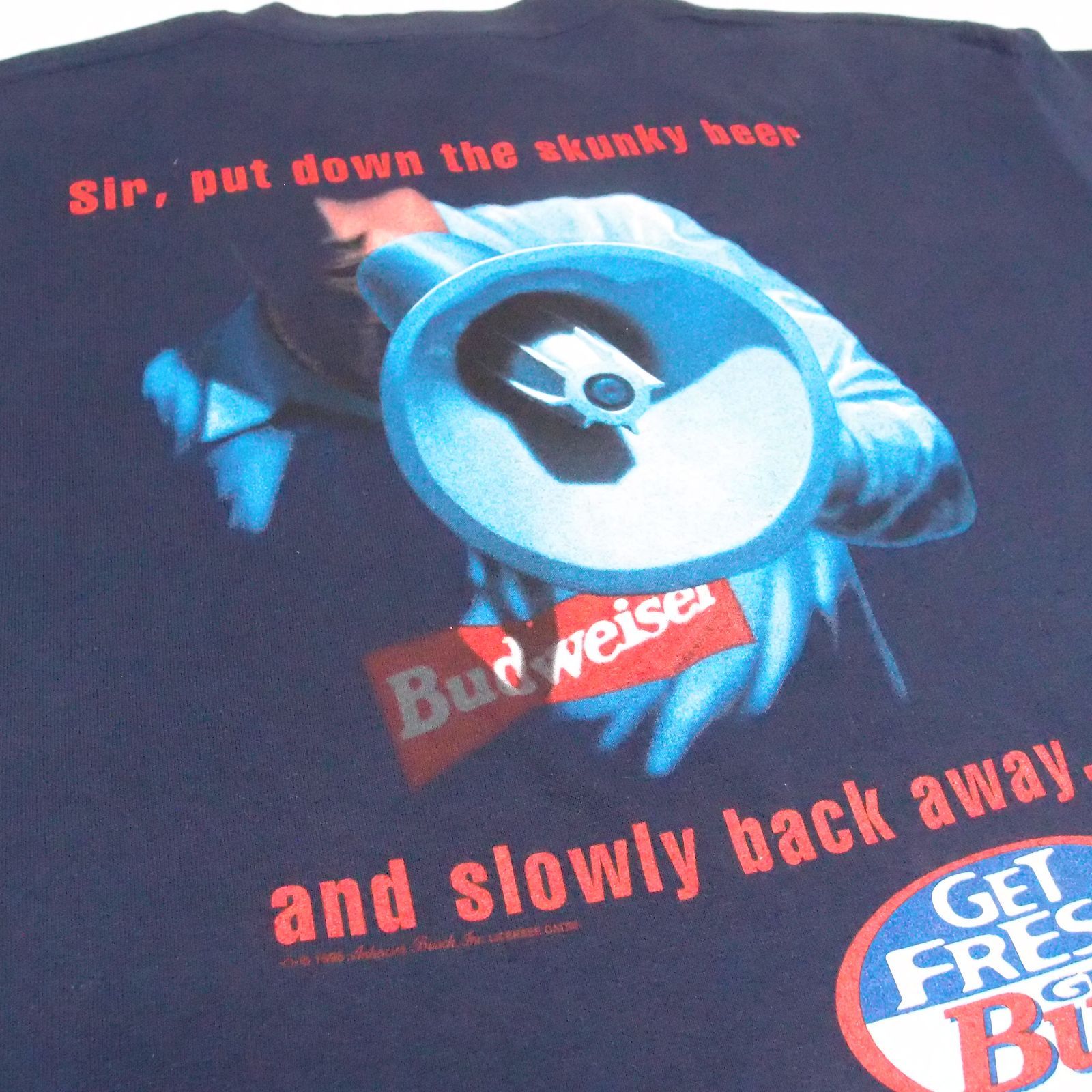 USA製 90s 袖シングル】 XL バドワイザー 3面プリント SKUNK ALERT Budweiser 企業T ビール プロモ アート WILD OATS ネイビー 紺 0248