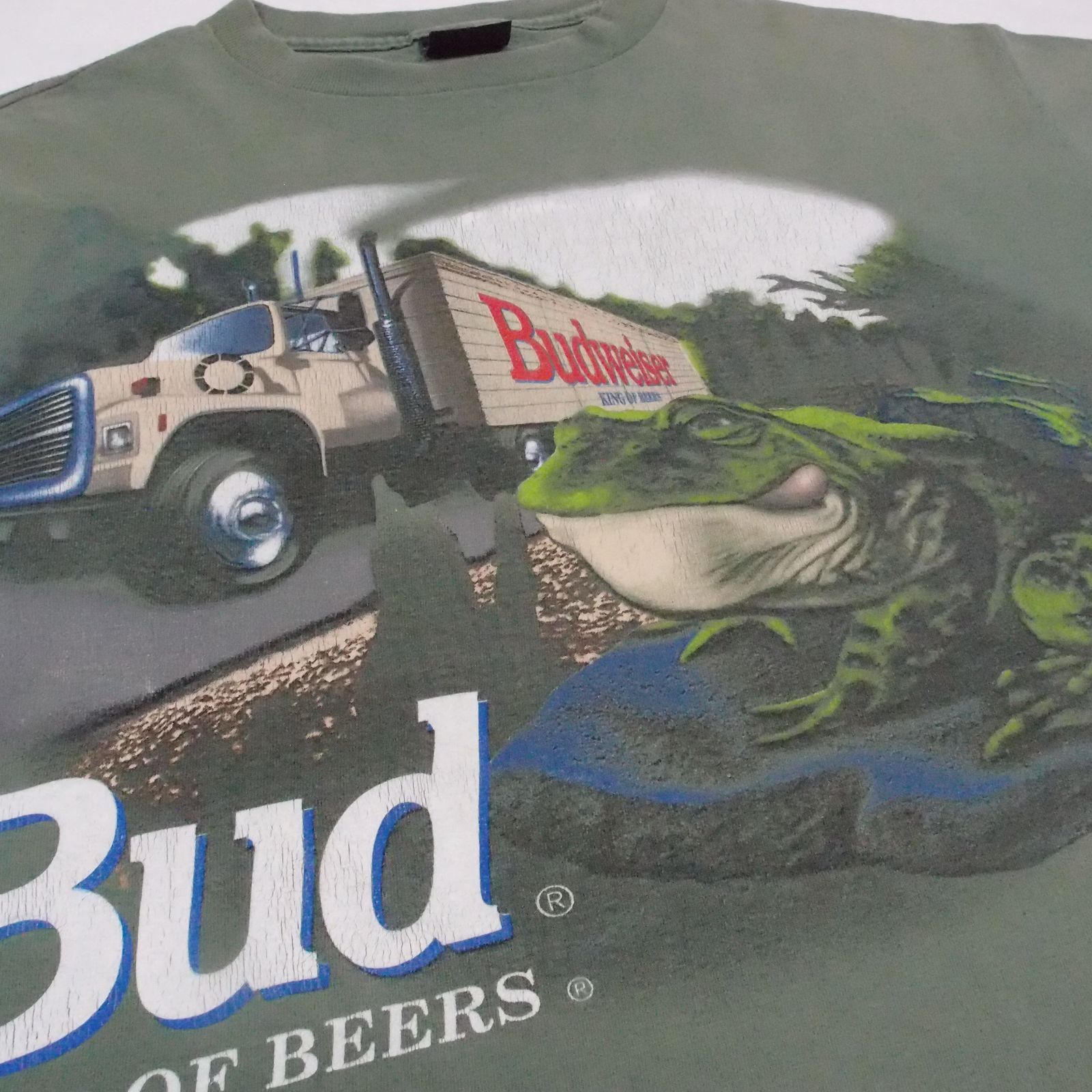 【鬼フェード 90s】 L相当 1995年 バドワイザー カエル トラック 両面プリント Budweiser 企業T ビール アニマル ボロ セージ カーキ 0250