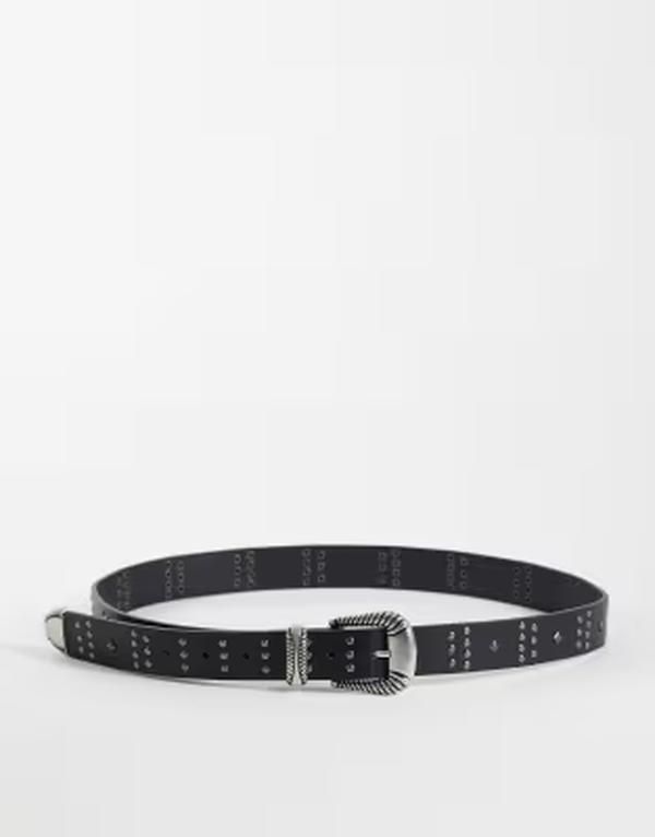 エイソス メンズ アクセサリー ベルト レザー フェイクレザー ASOS DESIGN western buckle faux leather studded belt Black ブラック
