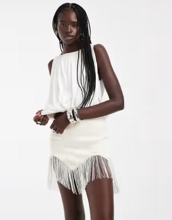 エイソス レディース ボトムスカート ローライズ ミニ サテン フリンジ ASOS DESIGN satin low rise fringe trimini skirt Ivory アイボリー