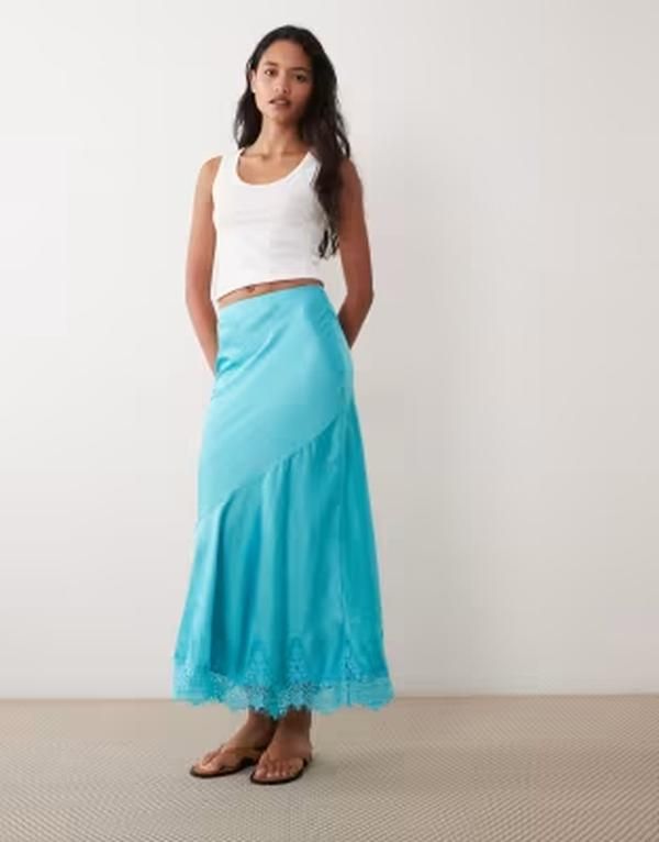 エイソス レディース ボトムスカート レース マキシ ASOS DESIGN lace hem fishtail maxi skirt in turquoise Blue ブルー 15,735円