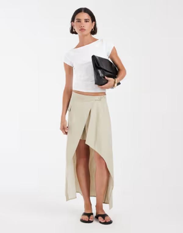エイソス レディース ボトムスカート アシンメトリー リネン ASOS DESIGN linen look tailo red asymmetric skirt in sage セージ