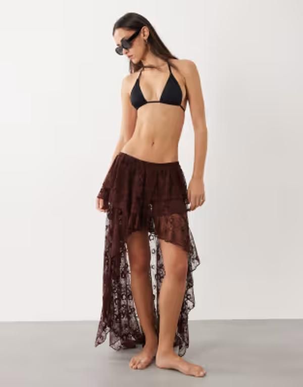 ミスセルフフリッジ レディース ボトムスカート レース マキシ Misselfridge beach lace frill high low maxi skirt in chocolate チョコレー