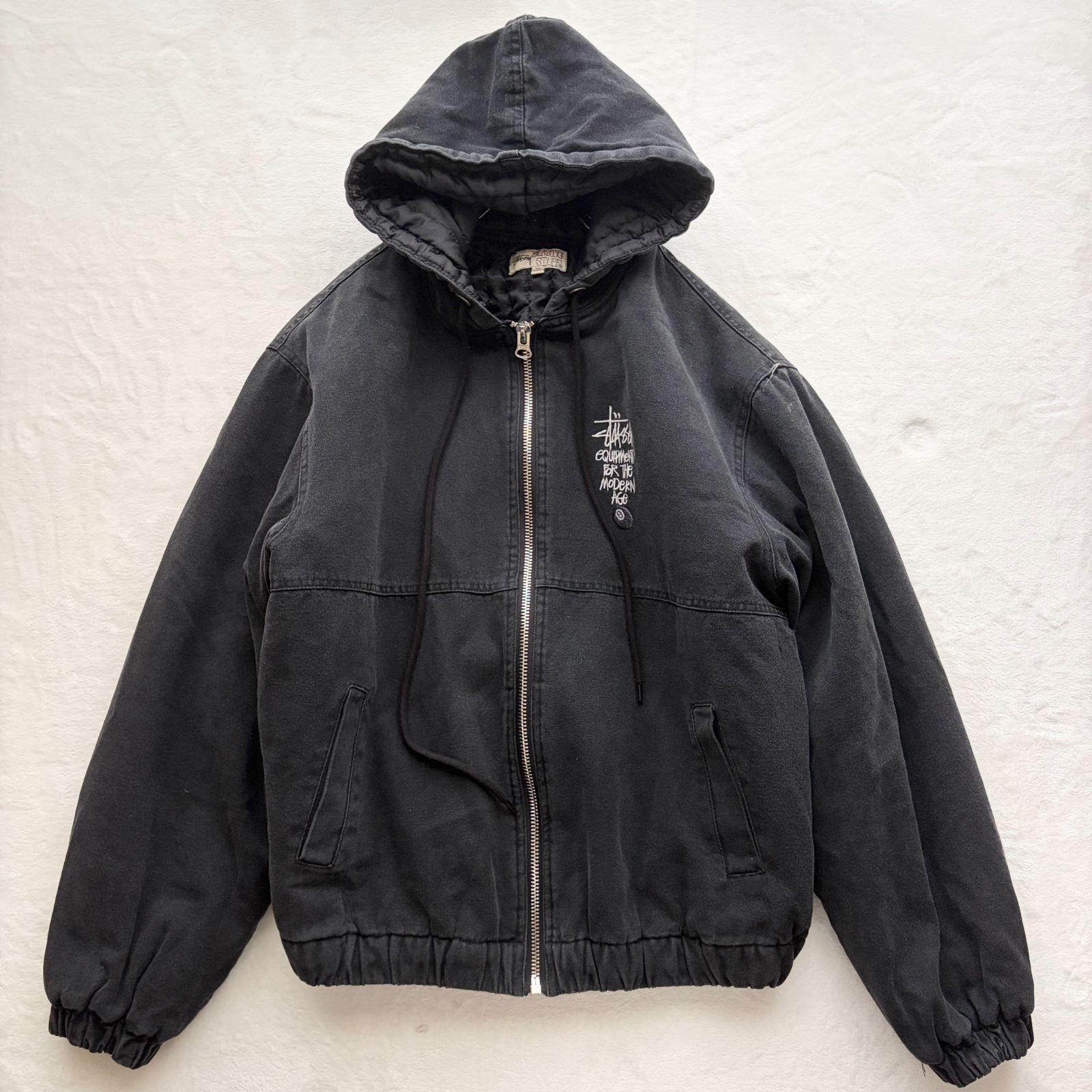 【極美品】ステューシー STUSSY CANVAS INSULATED WORK JACKET アウター コットンキャンバス ELASTIC STUFF 黒 ブラック XL キルティング 8ボール 刺繍 ストックロゴ ショーンフォント ストリート 限定 フード