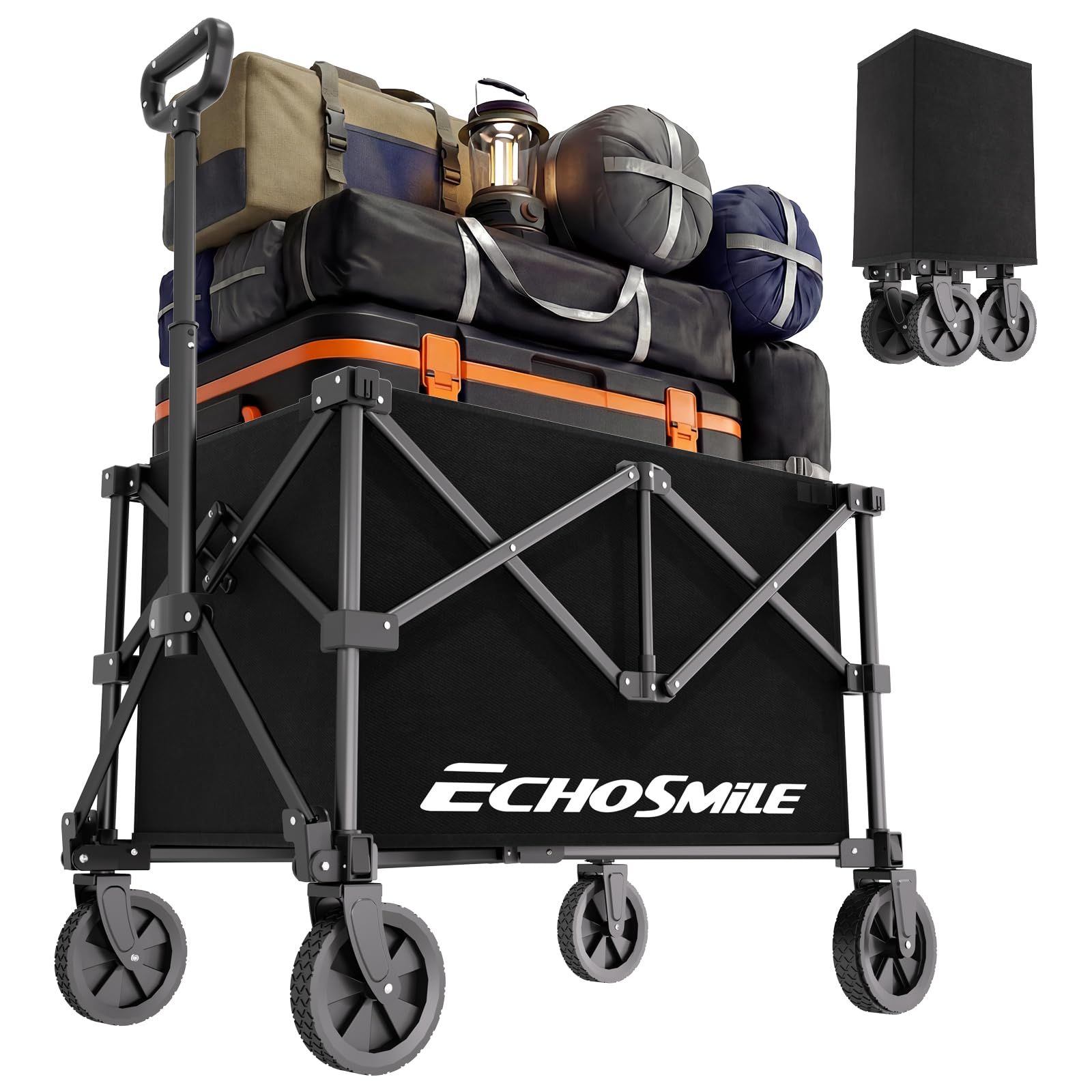 EchoSmile キャリーワゴン ミニ 台車 100L アウトドアカート ブラック | 耐荷重160kg 超軽量 折りたたみ 自立収納 省スペース ワンタッチ収束式 コンパクト キャンプ 静音 キャンプ